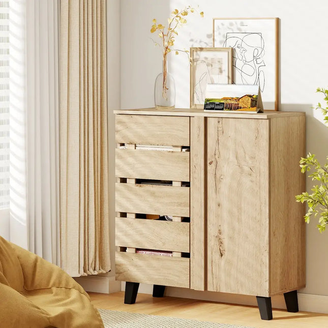 4-Tier Shoe Cabinet 2-Door Storage Organizer with Louvered Door-Natural - Natural - Shoe Racks & Storage Benches