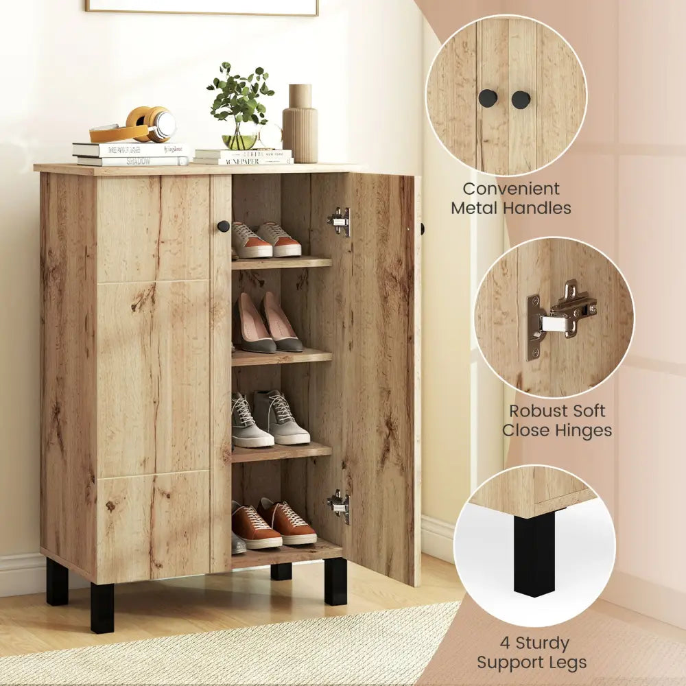 4-Tier Shoe Organizer with Removable Shelves and 2 Doors-Natural - Natural - Cabinets & Chests