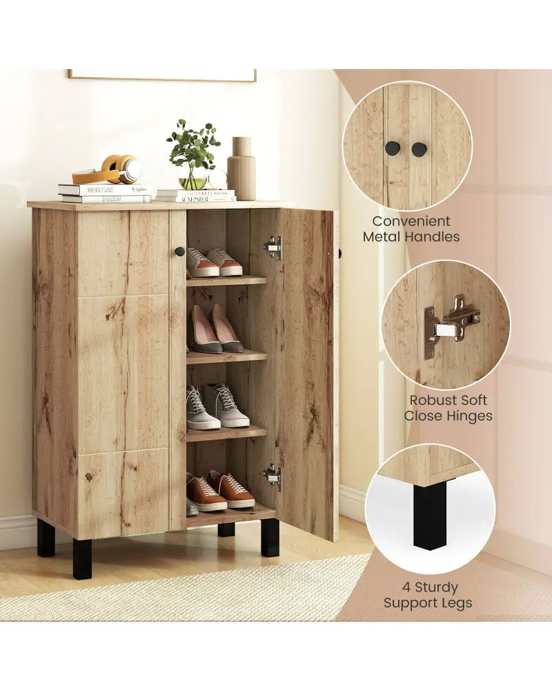 4-Tier Shoe Organizer with Removable Shelves and 2 Doors-Natural - Natural - Cabinets & Chests