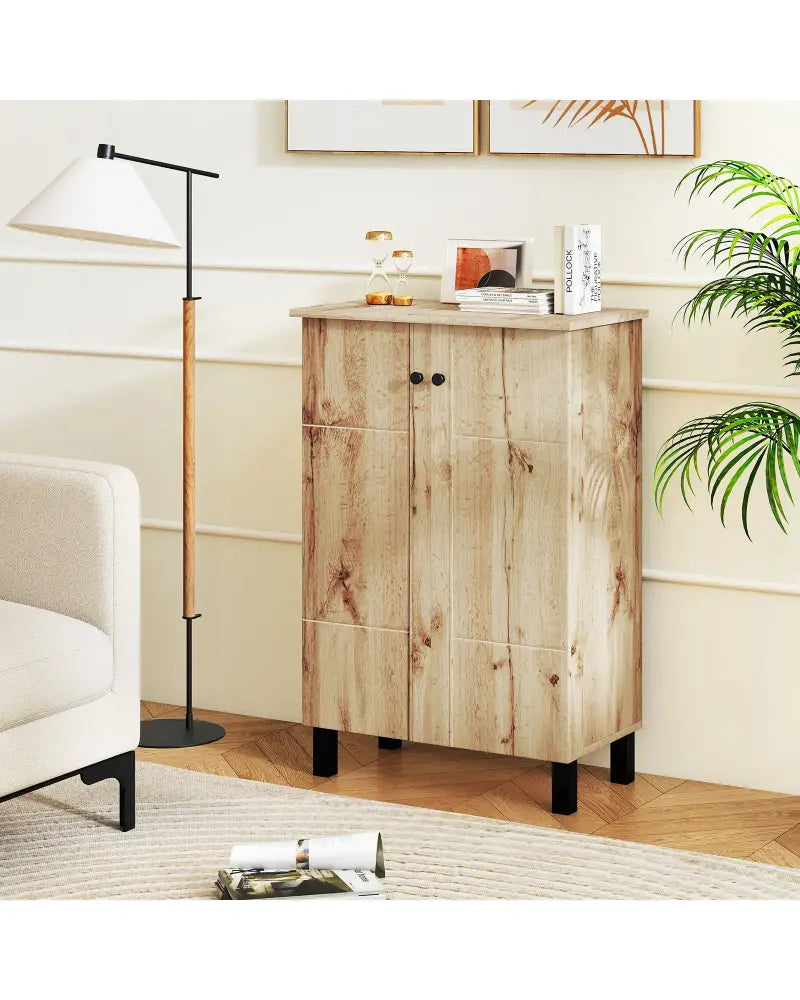 4-Tier Shoe Organizer with Removable Shelves and 2 Doors-Natural - Natural - Cabinets & Chests