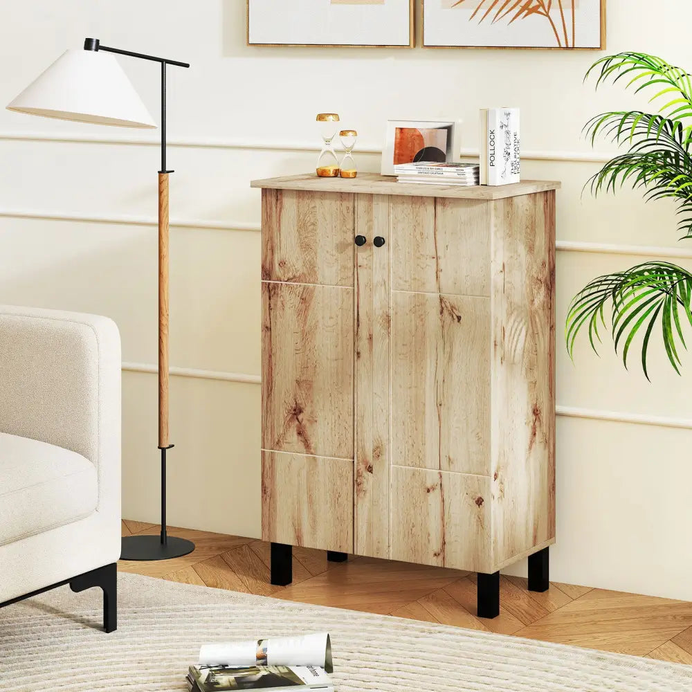 4-Tier Shoe Organizer with Removable Shelves and 2 Doors-Natural - Natural - Cabinets & Chests