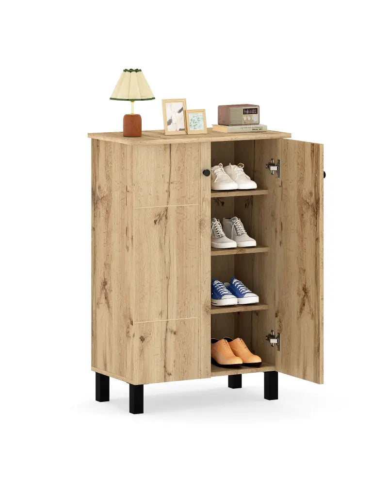 4-Tier Shoe Organizer with Removable Shelves and 2 Doors-Natural - Natural - Cabinets & Chests