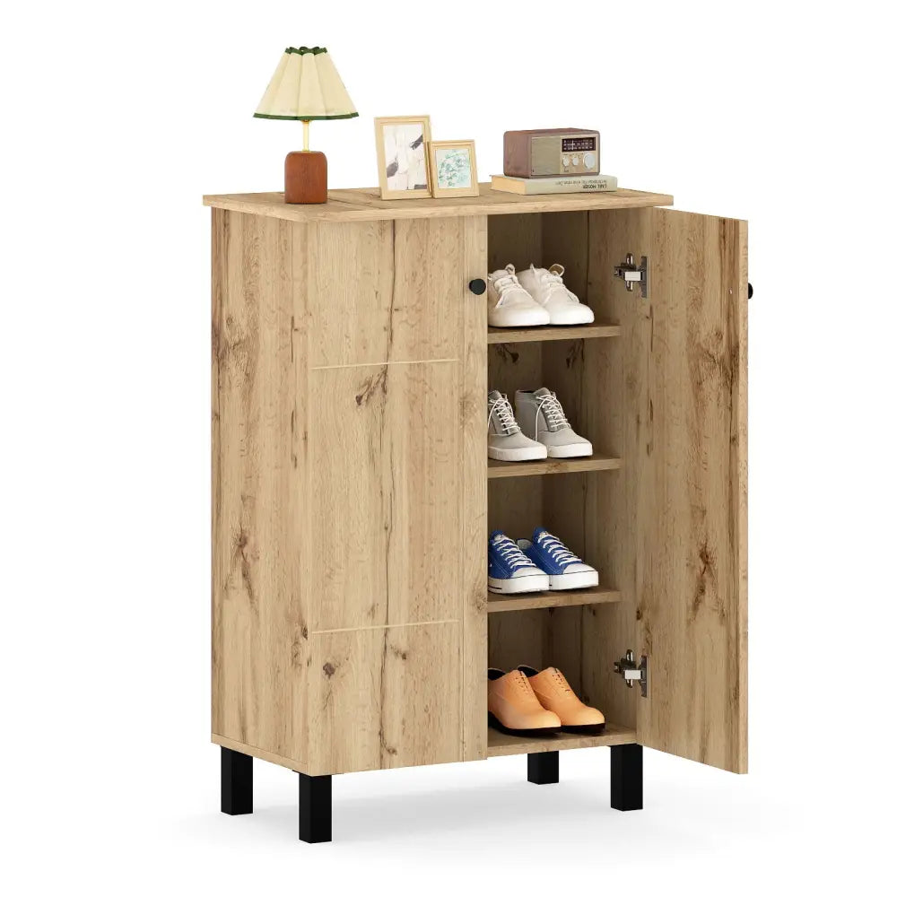4-Tier Shoe Organizer with Removable Shelves and 2 Doors-Natural - Natural - Cabinets & Chests