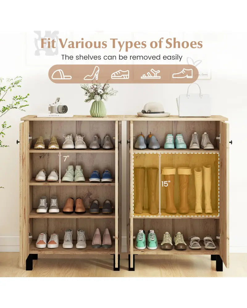 4-Tier Shoe Organizer with Removable Shelves and 2 Doors-Natural - Natural - Cabinets & Chests