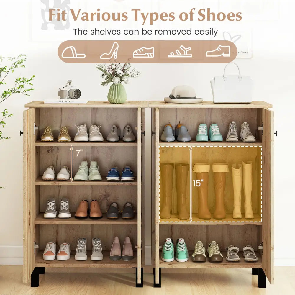 4-Tier Shoe Organizer with Removable Shelves and 2 Doors-Natural - Natural - Cabinets & Chests