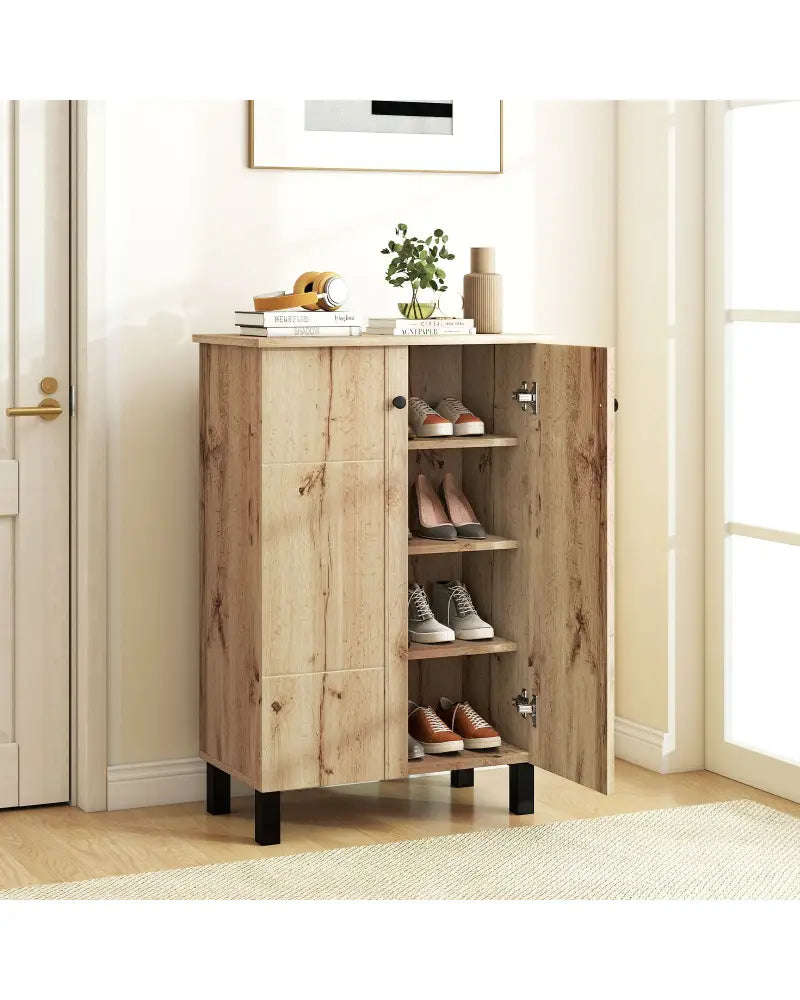 4-Tier Shoe Organizer with Removable Shelves and 2 Doors-Natural - Natural - Cabinets & Chests