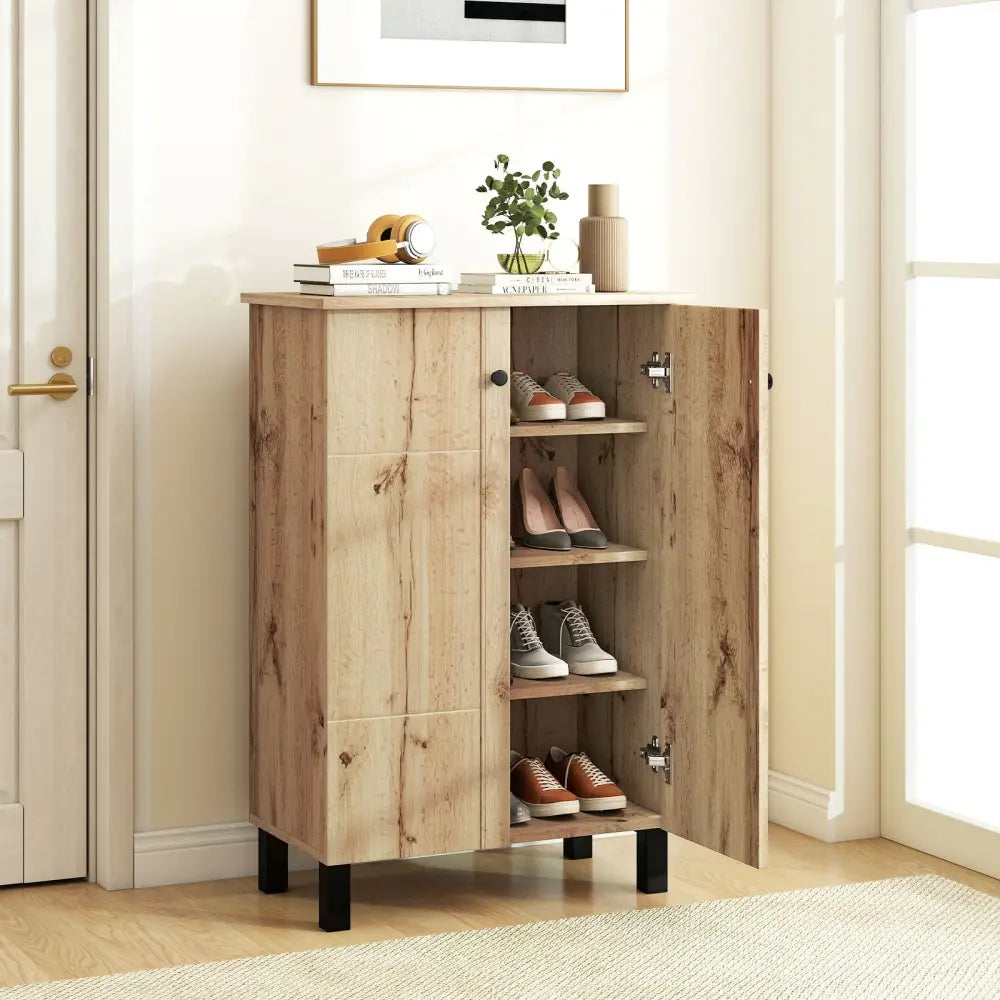 4-Tier Shoe Organizer with Removable Shelves and 2 Doors-Natural - Natural - Cabinets & Chests