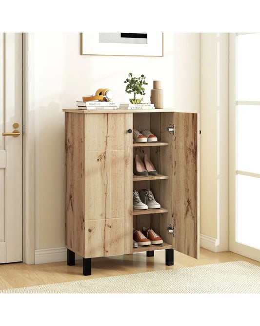 4-Tier Shoe Organizer with Removable Shelves and 2 Doors-Natural - Natural - Cabinets & Chests