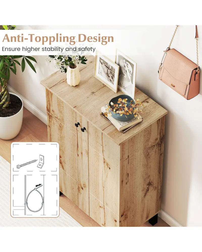 4-Tier Shoe Organizer with Removable Shelves and 2 Doors-Natural - Natural - Cabinets & Chests