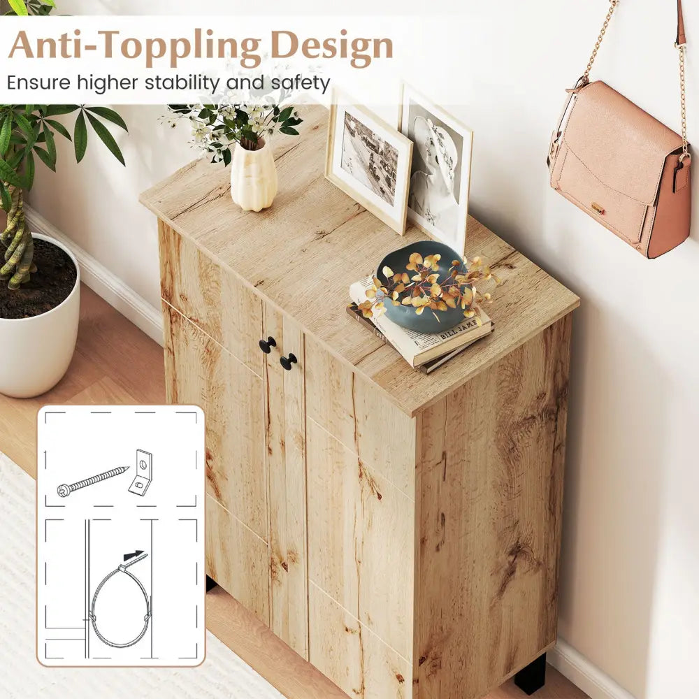 4-Tier Shoe Organizer with Removable Shelves and 2 Doors-Natural - Natural - Cabinets & Chests