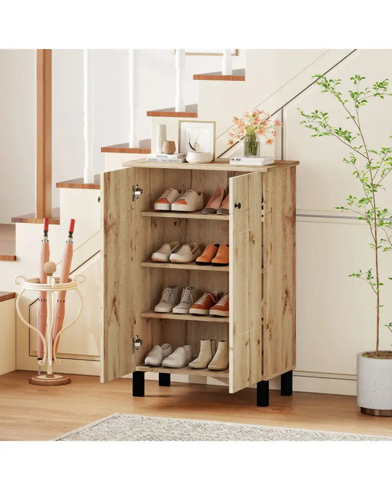 4-Tier Shoe Organizer with Removable Shelves and 2 Doors-Natural - Natural - Cabinets & Chests