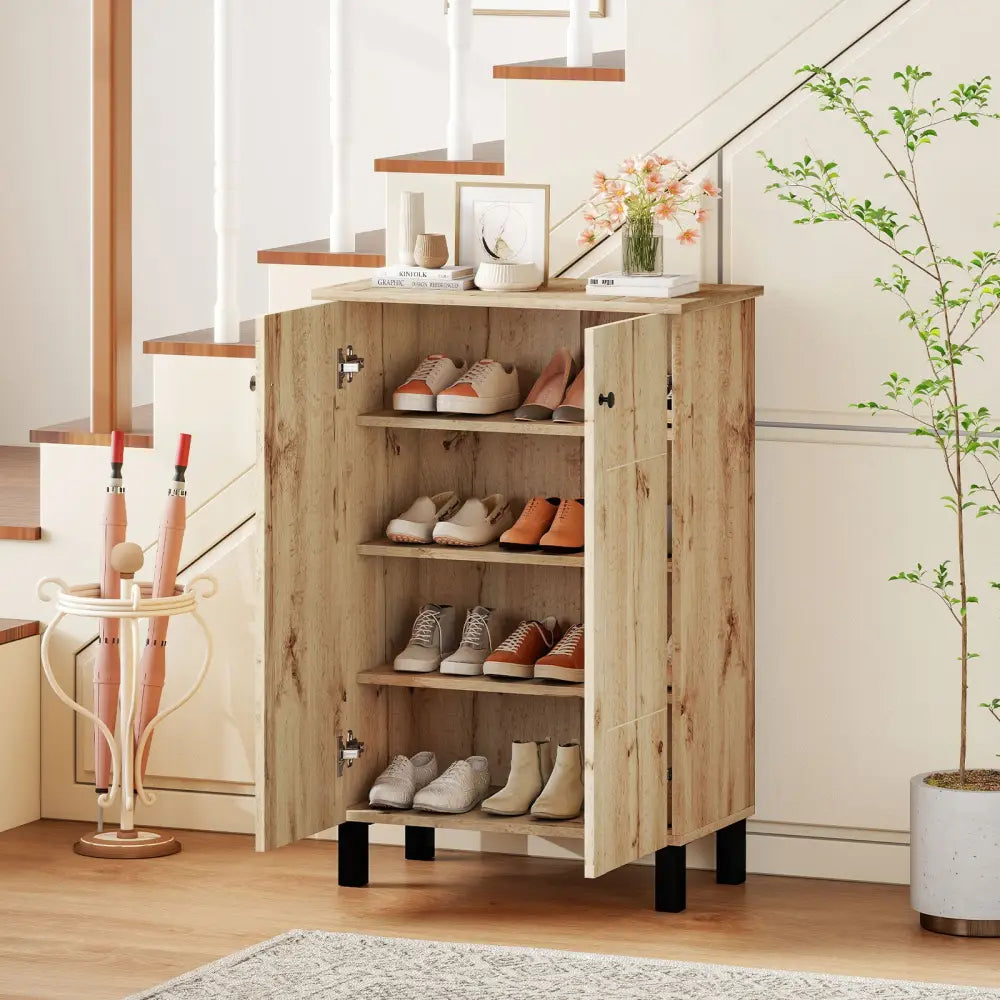 4-Tier Shoe Organizer with Removable Shelves and 2 Doors-Natural - Natural - Cabinets & Chests