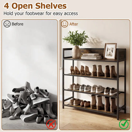 4-Tier Shoe Rack Industrial Shoe Organizer with Heavy Duty Metal Frame-Rustic Brown - Rustic Brown - Shoe Racks &