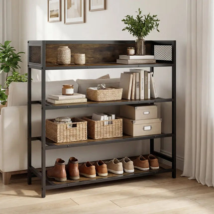 4-Tier Shoe Rack Industrial Shoe Organizer with Heavy Duty Metal Frame-Rustic Brown - Rustic Brown - Shoe Racks &