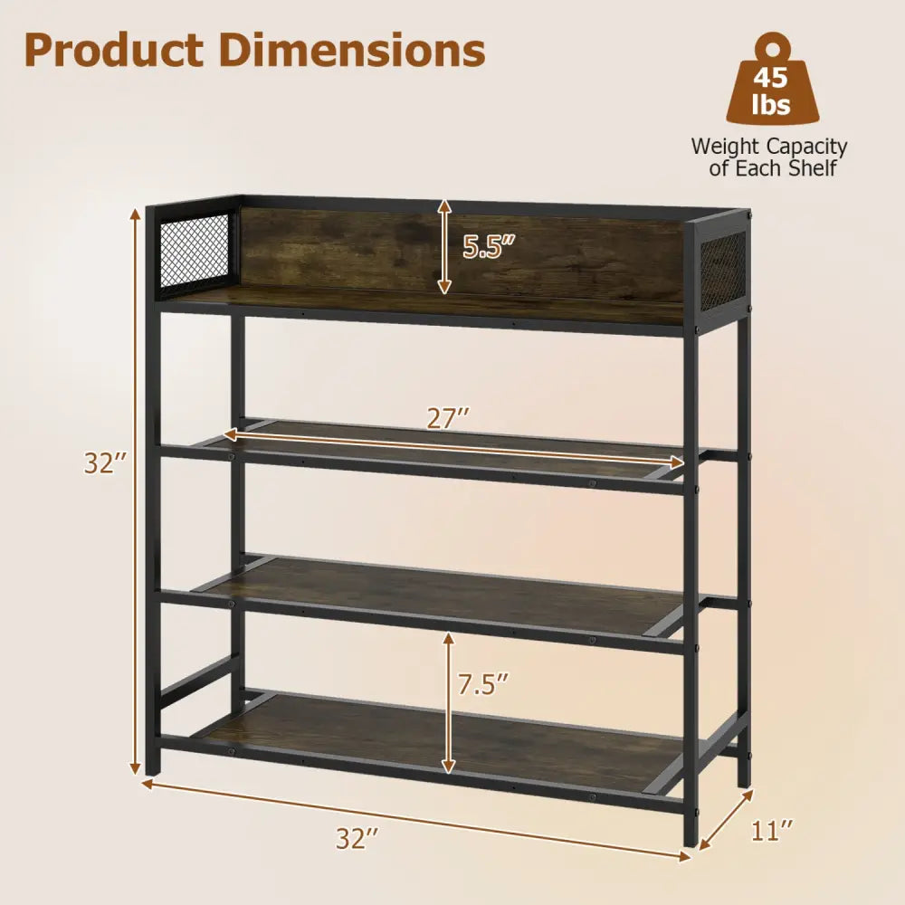 4-Tier Shoe Rack Industrial Shoe Organizer with Heavy Duty Metal Frame-Rustic Brown - Rustic Brown - Shoe Racks &