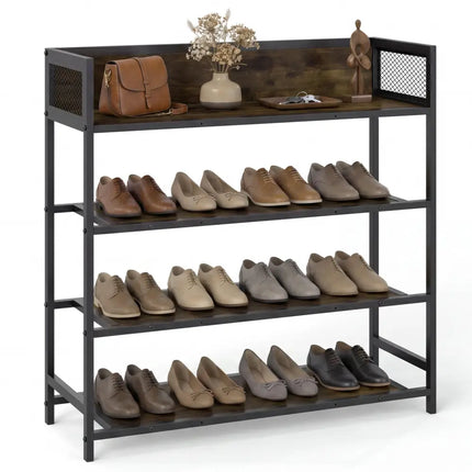 4-Tier Shoe Rack Industrial Shoe Organizer with Heavy Duty Metal Frame-Rustic Brown - Rustic Brown - Shoe Racks &