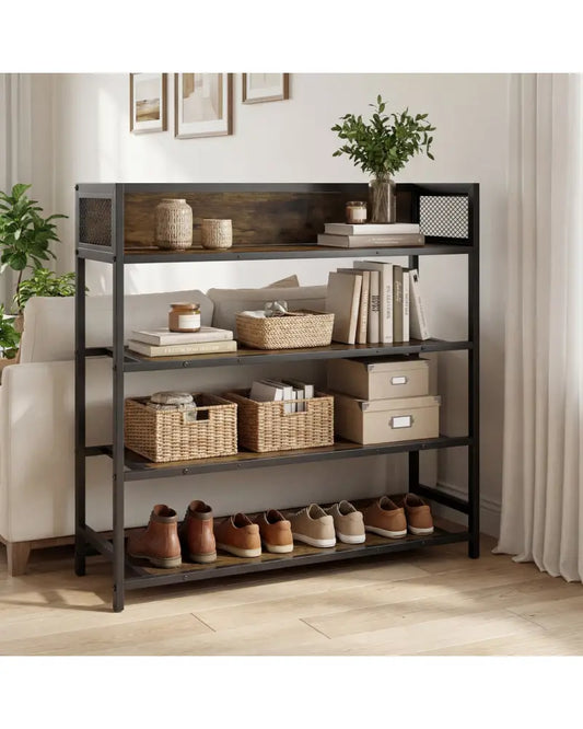 4-Tier Shoe Rack Industrial Shoe Organizer with Heavy Duty Metal Frame-Rustic Brown - Rustic Brown - Shoe Racks &