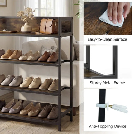 4-Tier Shoe Rack Industrial Shoe Organizer with Heavy Duty Metal Frame-Rustic Brown - Rustic Brown - Shoe Racks &