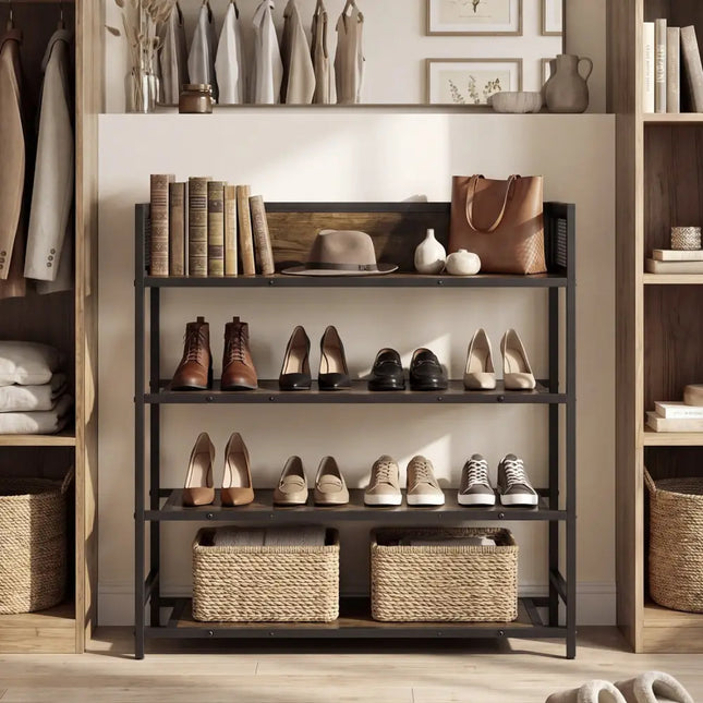 4-Tier Shoe Rack Industrial Shoe Organizer with Heavy Duty Metal Frame-Rustic Brown - Rustic Brown - Shoe Racks &