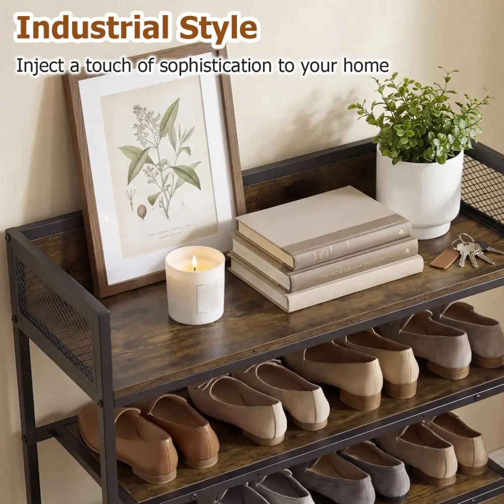 4-Tier Shoe Rack Industrial Shoe Organizer with Heavy Duty Metal Frame-Rustic Brown - Rustic Brown - Shoe Racks &