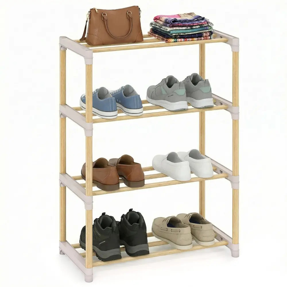 4-Tier Solid Wood Shoe Rack with Slatted Open Shelves-Gray - Gray - Shoe Racks & Storage Benches