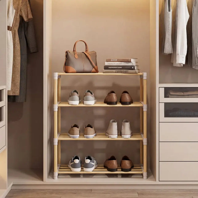 4-Tier Solid Wood Shoe Rack with Slatted Open Shelves-Gray - Gray - Shoe Racks & Storage Benches