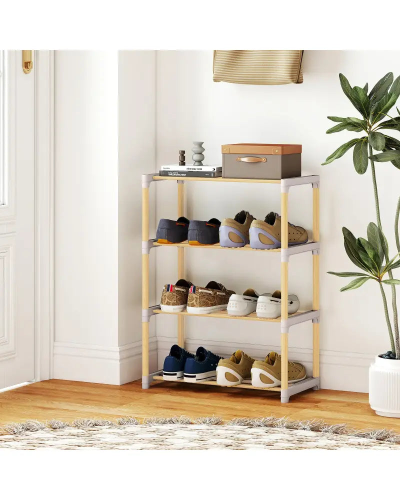 4-Tier Solid Wood Shoe Rack with Slatted Open Shelves-Gray - Gray - Shoe Racks & Storage Benches
