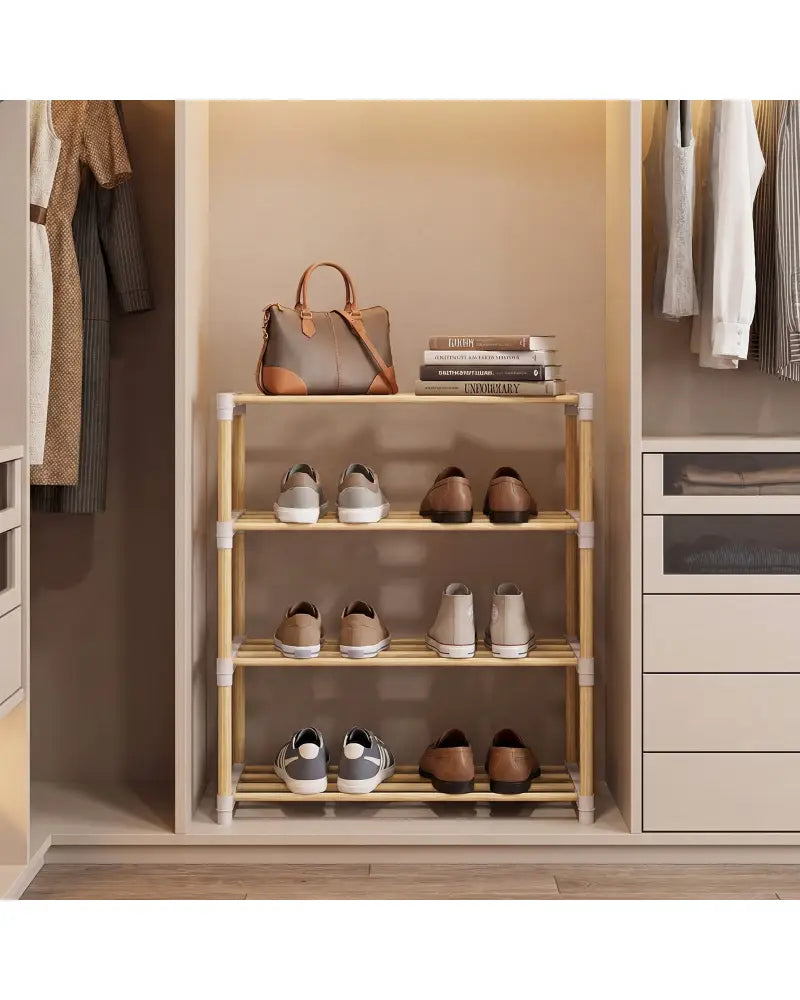4-Tier Solid Wood Shoe Rack with Slatted Open Shelves-Gray - Gray - Shoe Racks & Storage Benches