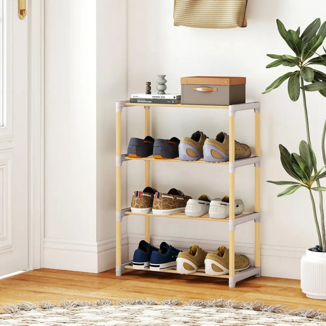4-Tier Solid Wood Shoe Rack with Slatted Open Shelves-Gray - Gray - Shoe Racks & Storage Benches