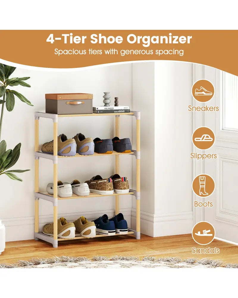 4-Tier Solid Wood Shoe Rack with Slatted Open Shelves-Gray - Gray - Shoe Racks & Storage Benches