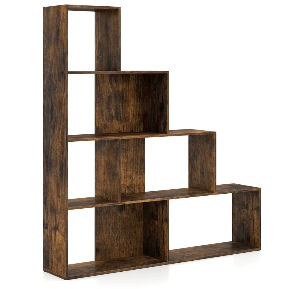 4-Tier Stepped Bookshelf Freestanding Ladder Storage Shelf with 6 Cubes-Rustic Brown - Rustic Brown - Bookcases