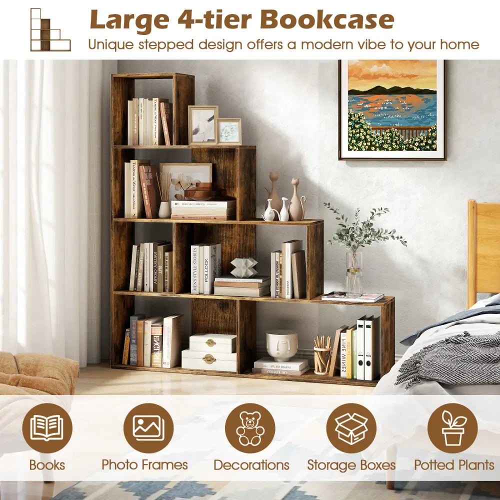 4-Tier Stepped Bookshelf Freestanding Ladder Storage Shelf with 6 Cubes-Rustic Brown - Rustic Brown - Bookcases