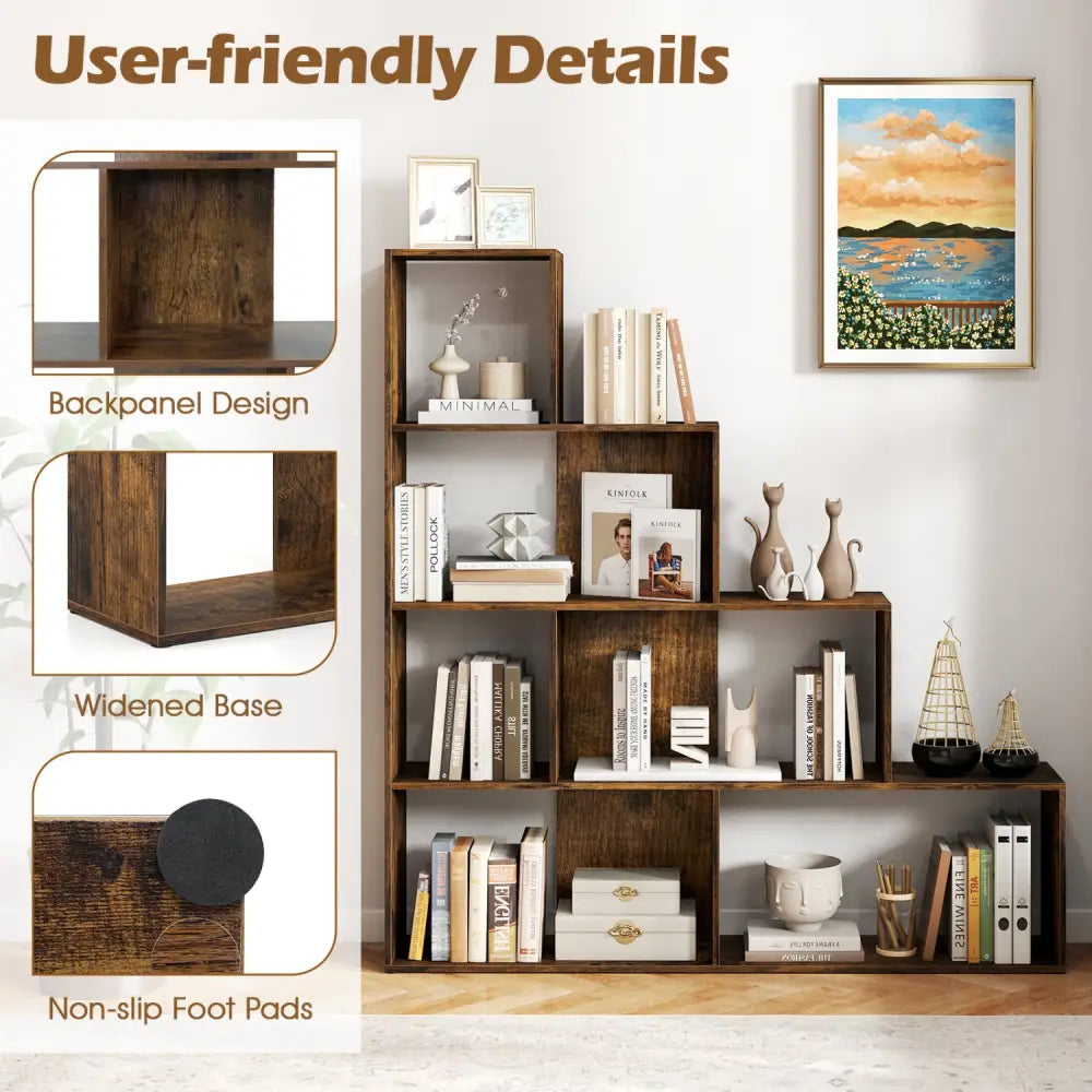 4-Tier Stepped Bookshelf Freestanding Ladder Storage Shelf with 6 Cubes-Rustic Brown - Rustic Brown - Bookcases
