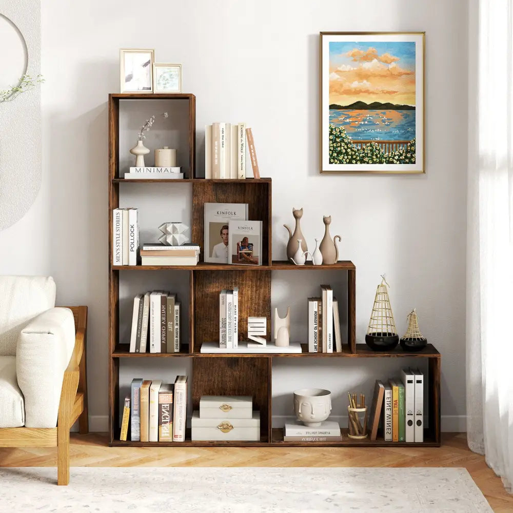4-Tier Stepped Bookshelf Freestanding Ladder Storage Shelf with 6 Cubes-Rustic Brown - Rustic Brown - Bookcases
