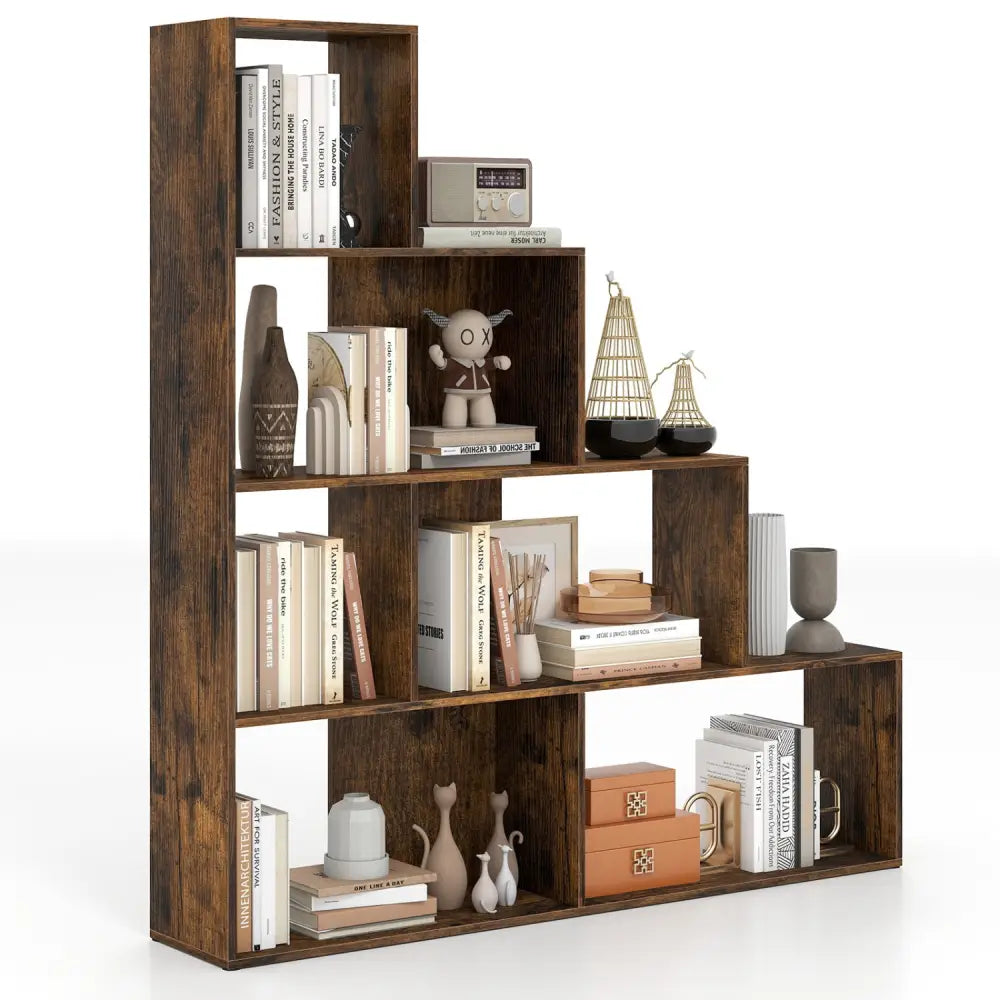 4-Tier Stepped Bookshelf Freestanding Ladder Storage Shelf with 6 Cubes-Rustic Brown - Rustic Brown - Bookcases