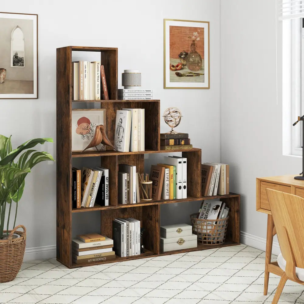 4-Tier Stepped Bookshelf Freestanding Ladder Storage Shelf with 6 Cubes-Rustic Brown - Rustic Brown - Bookcases