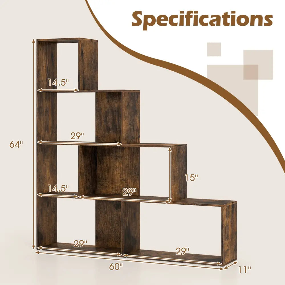 4-Tier Stepped Bookshelf Freestanding Ladder Storage Shelf with 6 Cubes-Rustic Brown - Rustic Brown - Bookcases