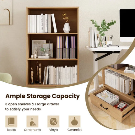4-Tier Storage Bookcase with Open Shelves Drawer and Anti-toppling Device-Natural Costway