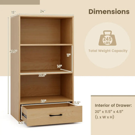 4-Tier Storage Bookcase with Open Shelves Drawer and Anti-toppling Device-Natural Costway