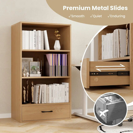 4-Tier Storage Bookcase with Open Shelves Drawer and Anti-toppling Device-Natural Costway