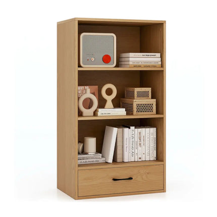 4-Tier Storage Bookcase with Open Shelves Drawer and Anti-toppling Device-Natural Costway