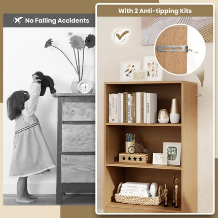 4-Tier Storage Bookcase with Open Shelves Drawer and Anti-toppling Device-Natural Costway