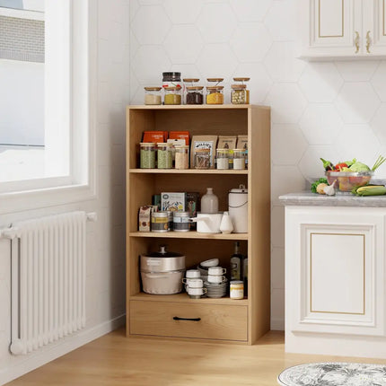 4-Tier Storage Bookcase with Open Shelves Drawer and Anti-toppling Device-Natural Costway