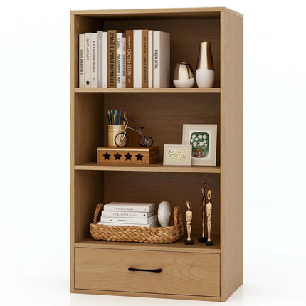 4-Tier Storage Bookcase with Open Shelves Drawer and Anti-toppling Device-Natural Costway