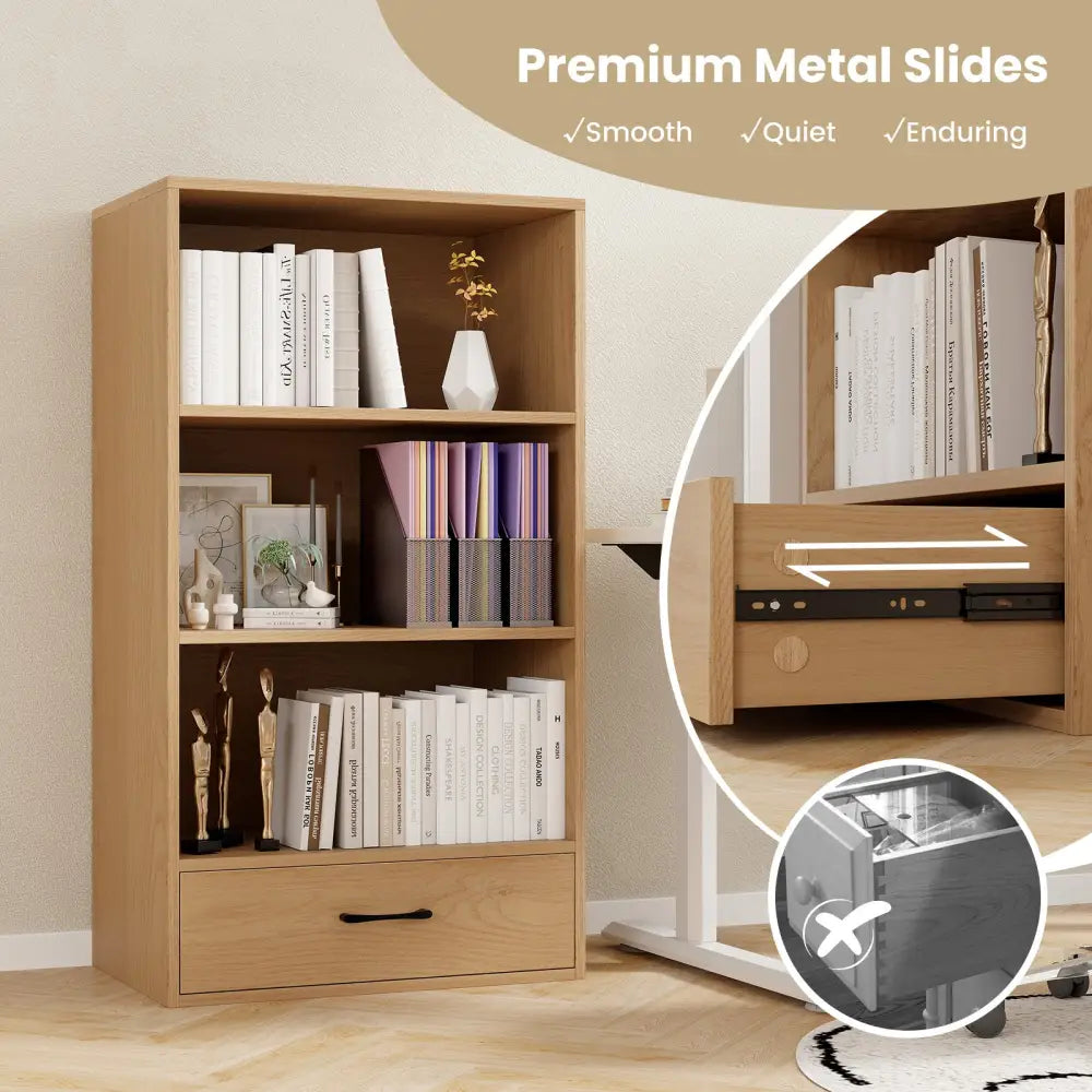 4-Tier Storage Bookcase with Open Shelves Drawer and Anti-toppling Device-Natural - Natural - Bookcases