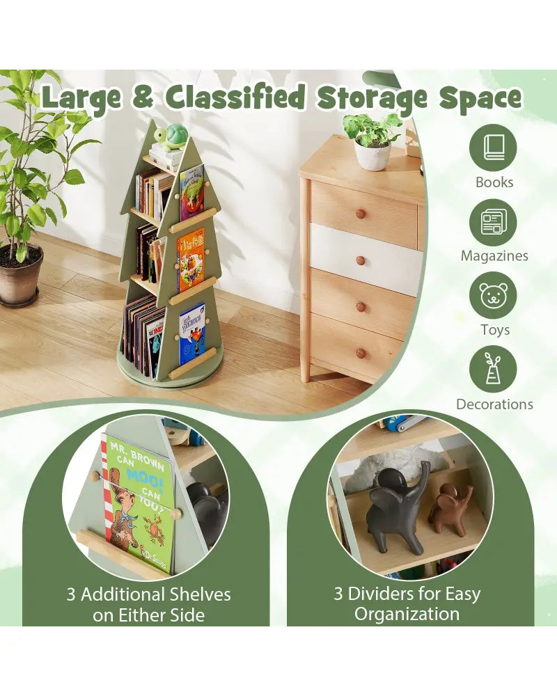 4 Tier Tree Shape Kids Rotating Bookshelf 360° Display Rack Storage Organizer-Green - Green - Kids Storage