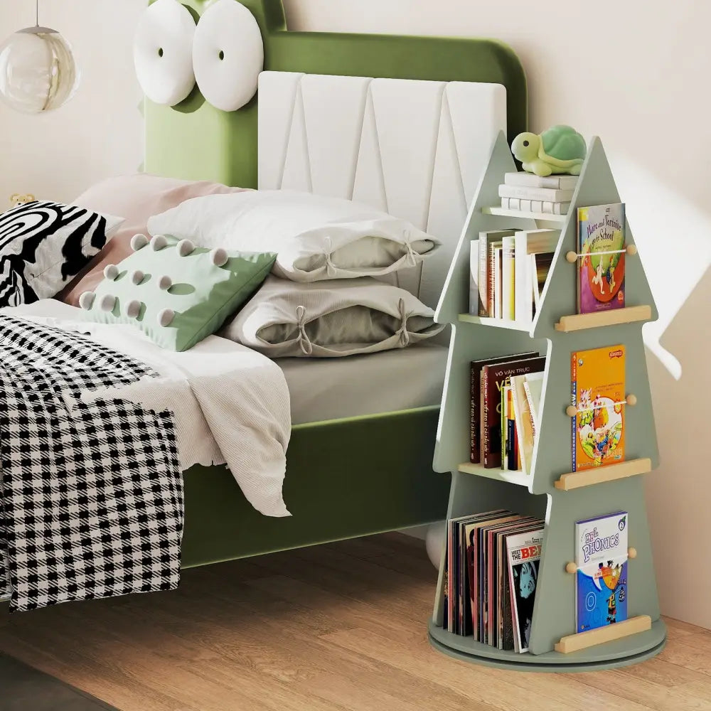 4 Tier Tree Shape Kids Rotating Bookshelf 360° Display Rack Storage Organizer-Green - Green - Kids Storage
