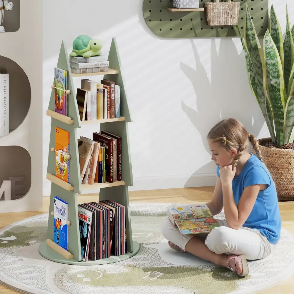 4 Tier Tree Shape Kids Rotating Bookshelf 360° Display Rack Storage Organizer-Green - Green - Kids Storage