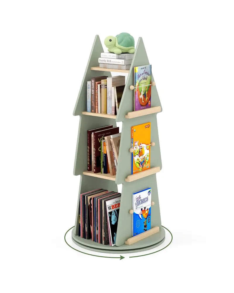 4 Tier Tree Shape Kids Rotating Bookshelf 360° Display Rack Storage Organizer-Green - Green - Kids Storage