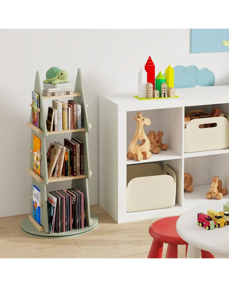 4 Tier Tree Shape Kids Rotating Bookshelf 360° Display Rack Storage Organizer-Green - Green - Kids Storage
